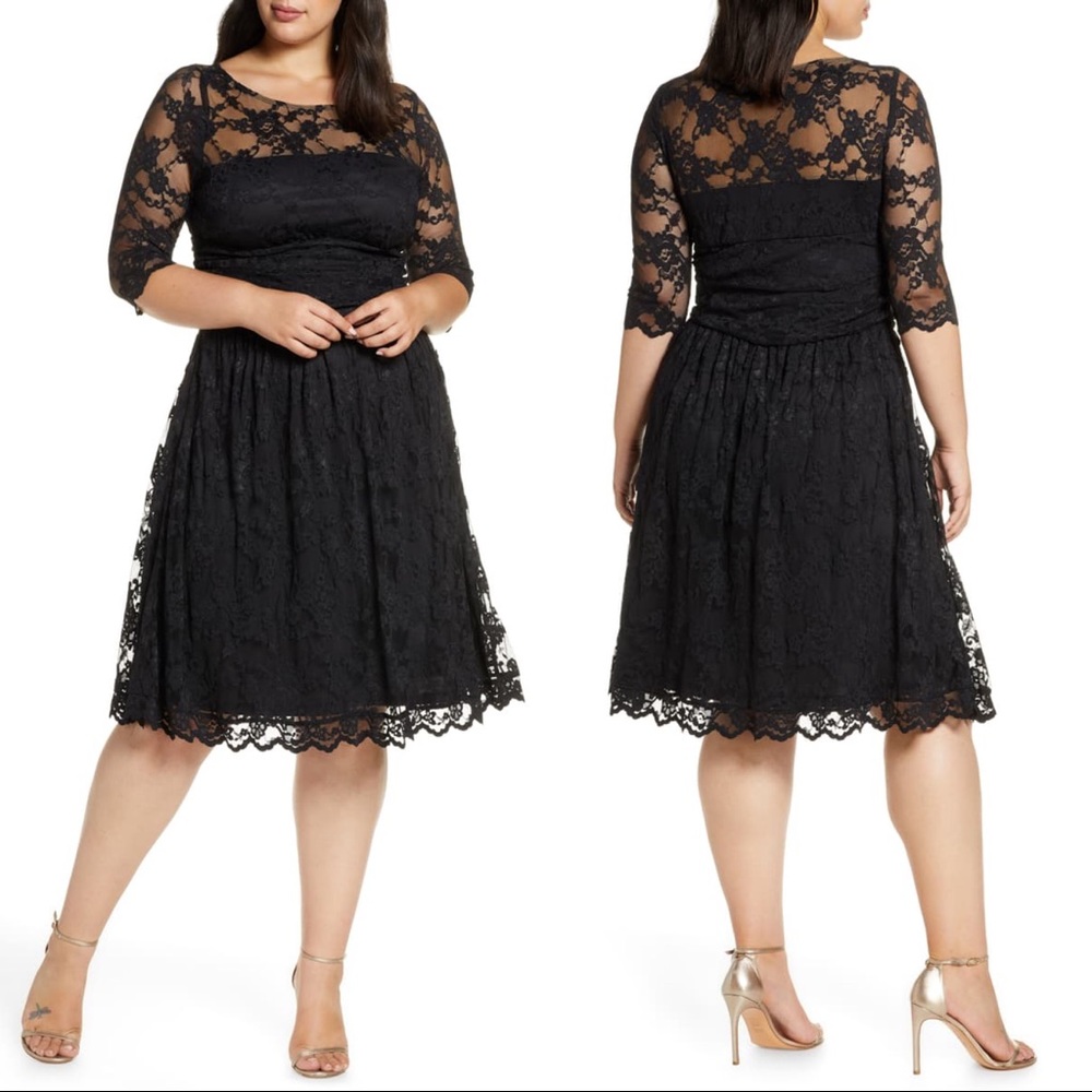 Kiyonna Black Luna Lace A-Line Lace Overlay Dress